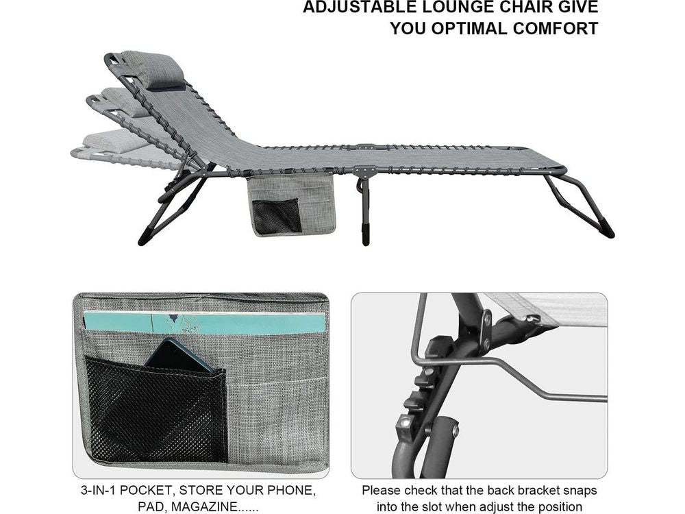 Foldable Patio Chaise Lounge Chair for Outdoor with Detachable Pocket and Pillow, Portable Adjustable Sun Lounger Recliner for Beach, Camping and Pool Style Your Walls